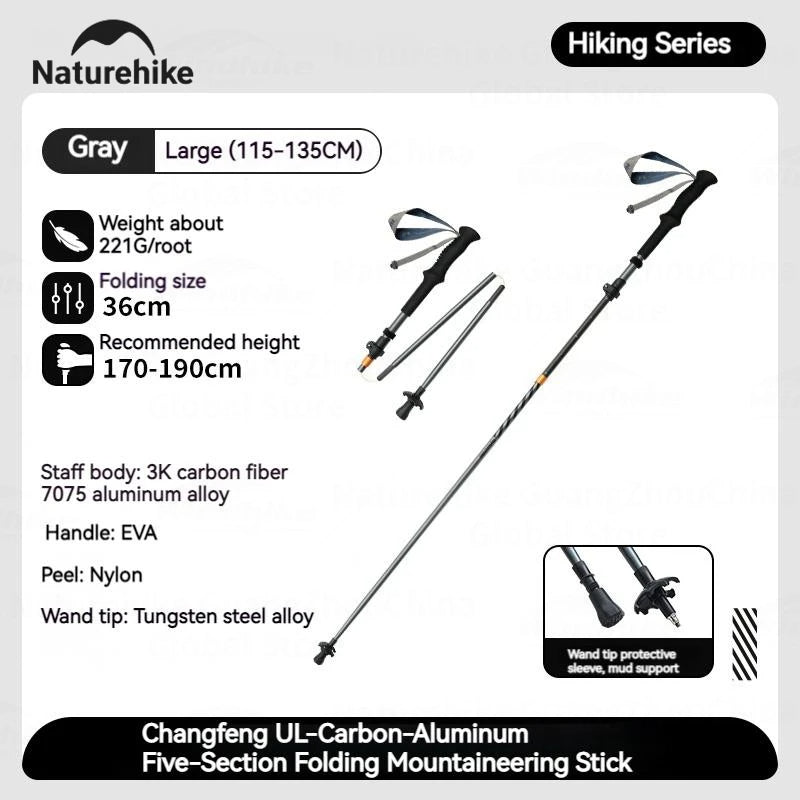 Naturehike UL Pro Mountaineering Stick Portable Ultralight 5-Section Folding Telescopic Walking Stick Pole Carbon Fiber Trekking Hiking Canes