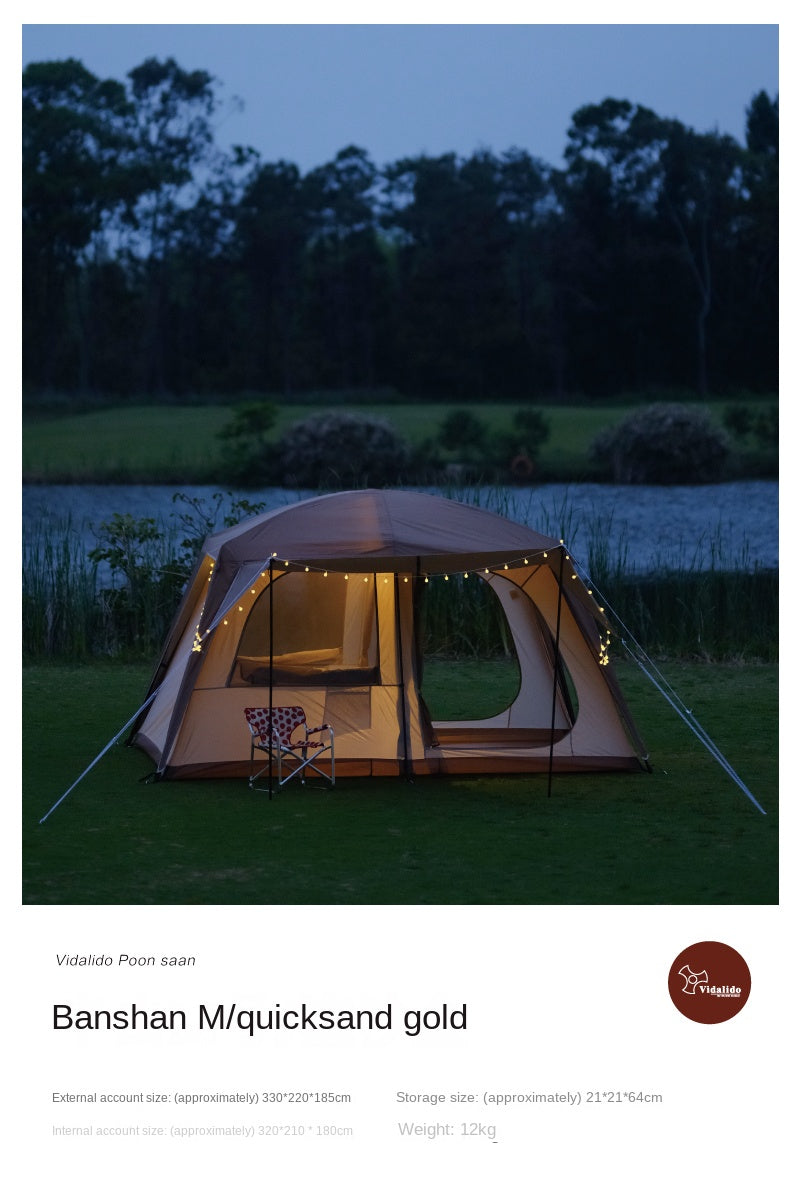 VIDALIDO Poon Saan Cabin Style Tent Semi-Automatic Waterproof Breathable Outdoor Camping Medium Large Tent for 4-10 Person Black Khaki Banshan Villa