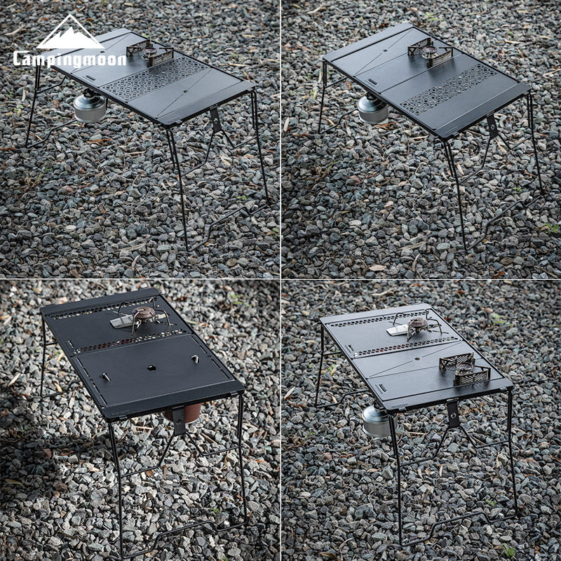 Campingmoon Modular Bridge Table Series Foldable Multiple Configuration IGT Compatible Outdoor Camping Black Folding Integrated Grill Kitchen Table