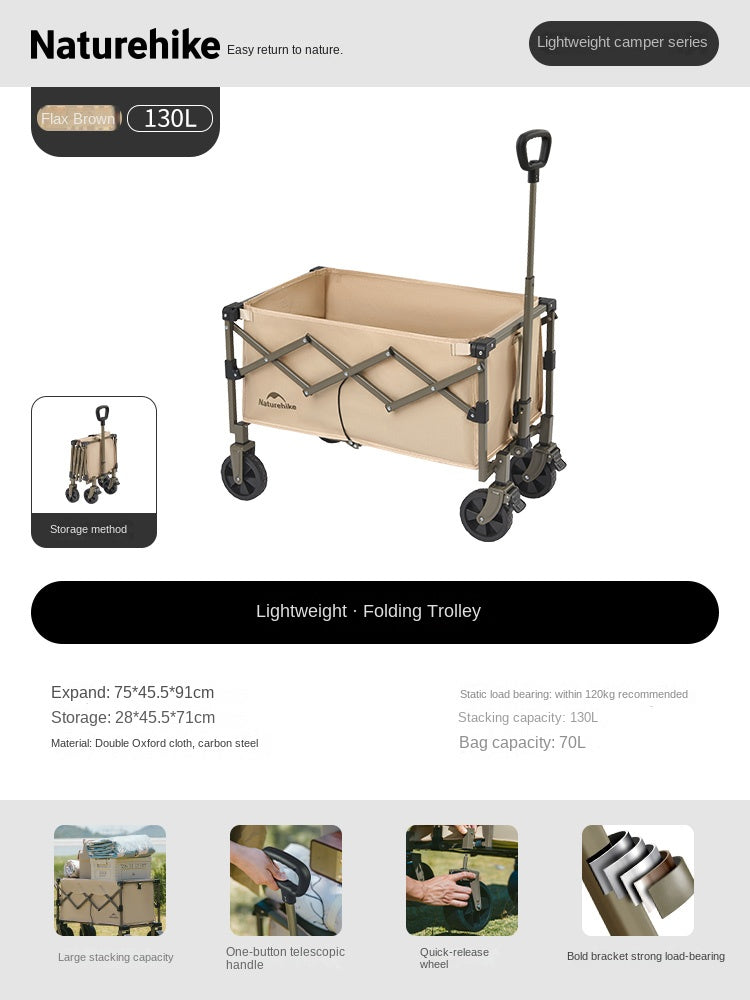 Naturehike Mini Foldable Trolley Cart Multipurpose 50/70L Large Capacity Utility Wagon Carrier Push Cart Outdoor Folding Storage Camping Shopping