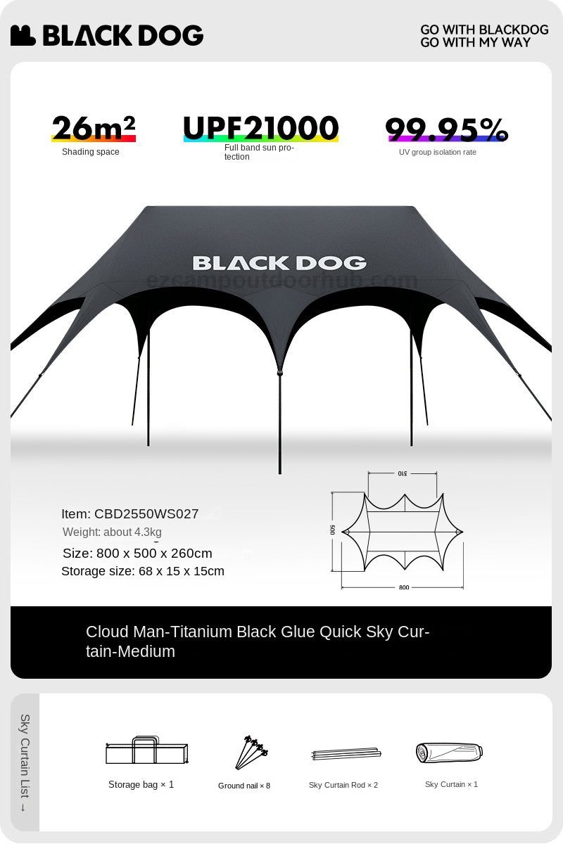 BLACKDOG CLOUDSPAN Black Coated Canopy Portable Multipurpose 26㎡/60㎡ Quick Setup Awning Arched Design Large Sunshade Sun Shelters Tent UPF21000 Waterproof Camping Party Travel
