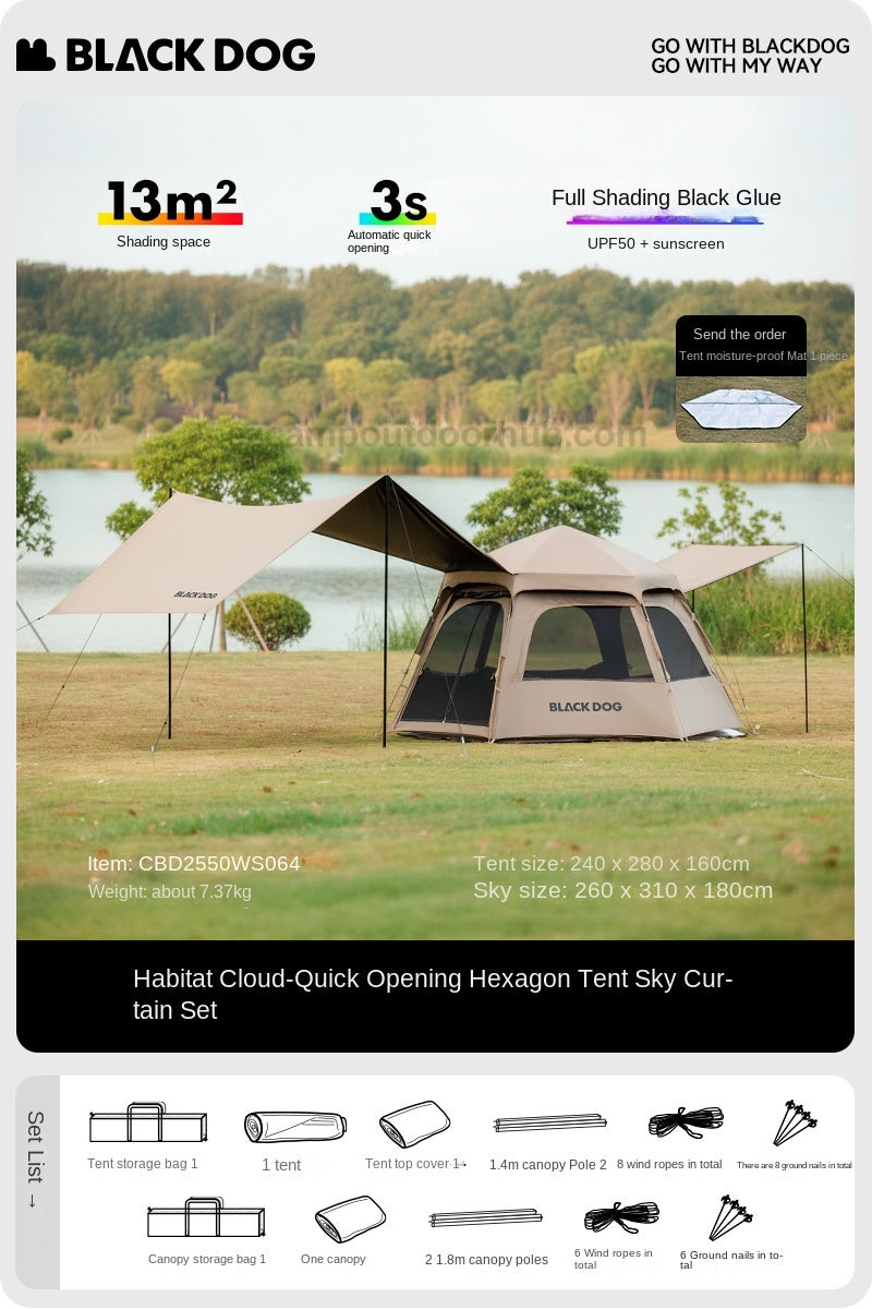 Blackdog COSMIC Hexagonal Automatic Tent 4 Person Dome Style Outdoor Black Vinyl Coated Sunscreen Waterproof Optional Extended Canopy Free Groundsheet