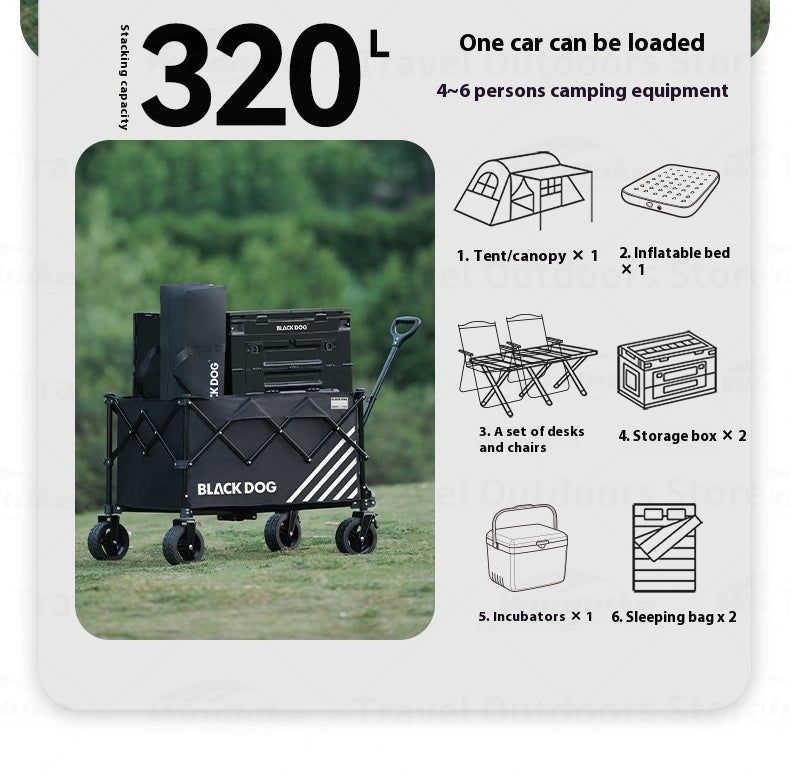 BLACKDOG LAND WHALE Camping Cart Portable Foldable Multipurpose Hand Pull Black Wagon All Terrain Gathering Storage Cart 320L Large Capacity Detachable Wheel
