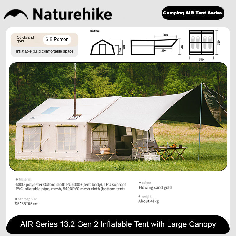 Naturehike AIR 13.2 Gen 2 Inflatable Tent Premium Large up to 26m² Use Space Camping 6-8 Persons Waterproof Air PVC Poles Built-in Detachable Awning Canopy