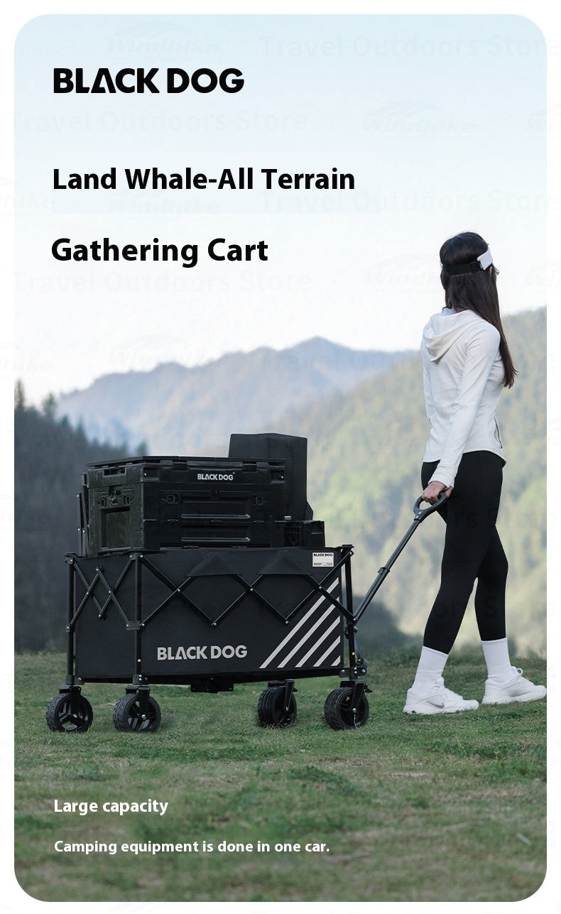 BLACKDOG LAND WHALE Camping Cart Portable Foldable Multipurpose Hand Pull Black Wagon All Terrain Gathering Storage Cart 320L Large Capacity Detachable Wheel