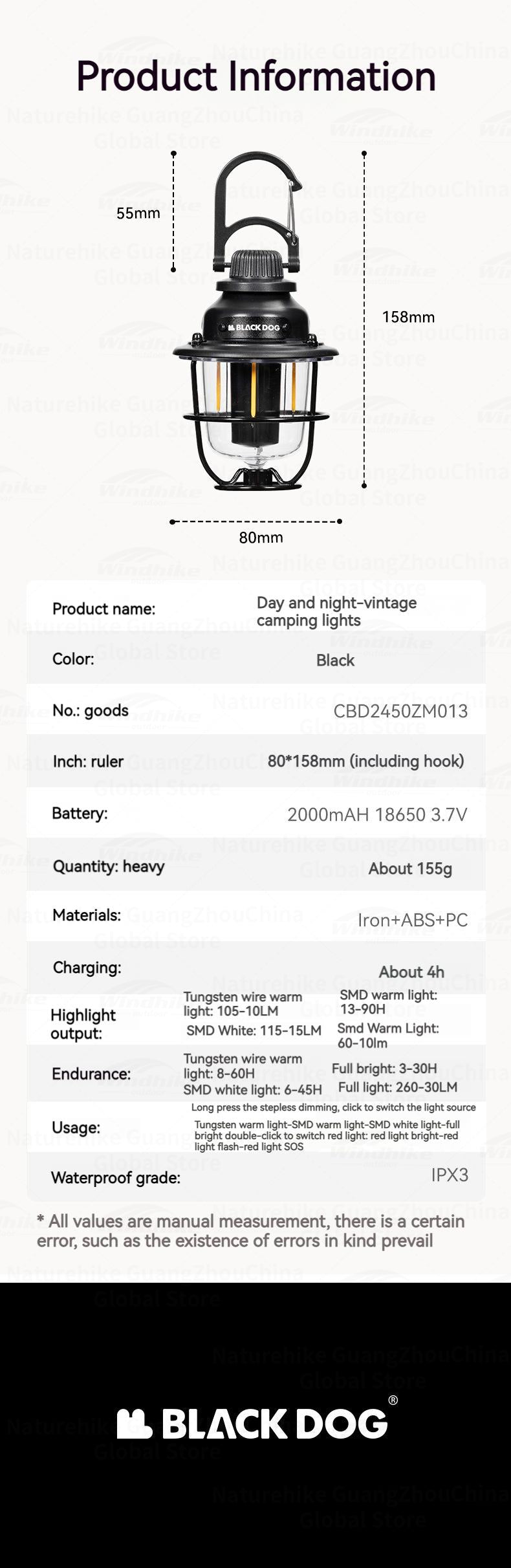 BLACKDOG Rechargeable Camping Lamp Outdoor Portable Ultralight Multi-Function Emergency Atmosphere Light Tent Retro Hanging Lantern Waterproof Hiking Picnic Travel Heavy Duty Original Black Dog