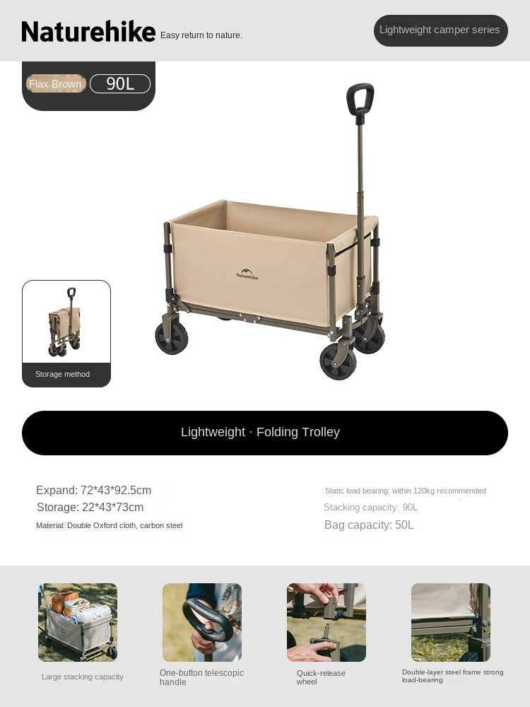 Naturehike Mini Foldable Trolley Cart Multipurpose 50/70L Large Capacity Utility Wagon Carrier Push Cart Outdoor Folding Storage Camping Shopping