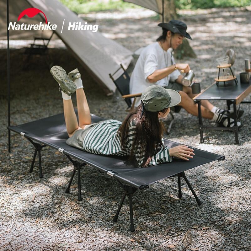 Naturehike Outdoor Folding Camp Bed Portable Black Foldable Cot Bed Aluminum Easy Assemble High and Low Camping 150kg Max Load Heavy Duty Nature Hike