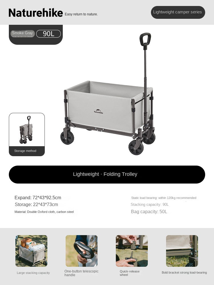 Naturehike Mini Foldable Trolley Cart Multipurpose 50/70L Large Capacity Utility Wagon Carrier Push Cart Outdoor Folding Storage Camping Shopping