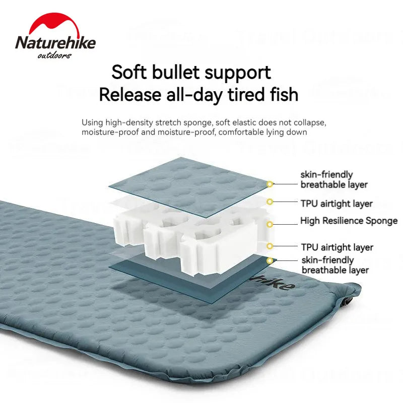 Naturehike FISHBONE Infatable Cushion Self-inflating Mat Air Sponge Single Bed Mattress Sleeping Pad Moisture-proof Two-way Valve Camping Hiking Travel
