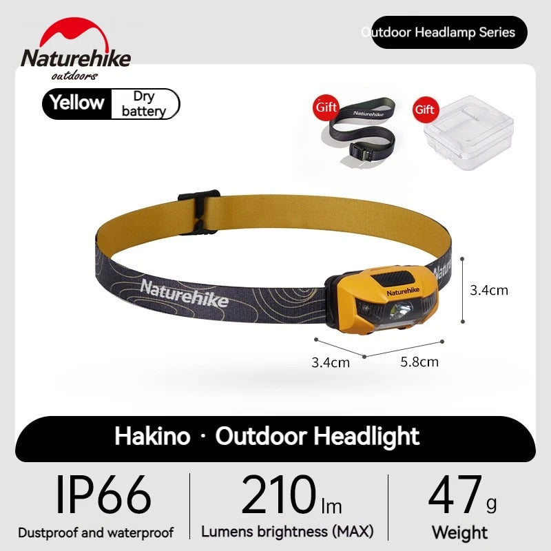 Naturehike LED Headlamp Camping Hiking Headlight Ultralight Head Lamp Light 4 Modes Flashlight SOS Red Light 60° Adjustable IP66 Waterproof 2 AAA Battery