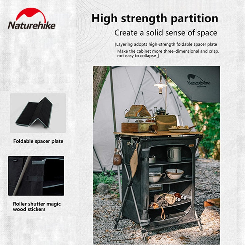 Naturehike Portable Kitchen Table Multi-layer Storage Rack Cookware Utensil Shelf Folding BBQ Working Table Shelves Fast Drying With Lamp Pole Post
