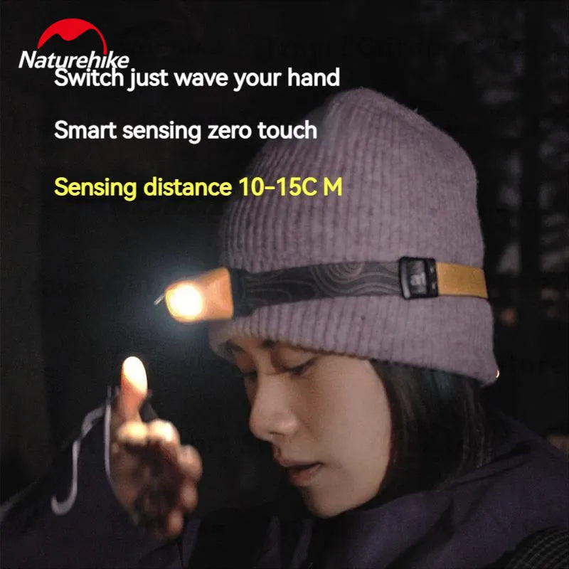 Naturehike Ultralight Outdoor Headlight Portable Headlamp Wave Induction Technology 5 Modes Flashlight SOS Emergency Red Light 45° Adjustable Waterproof IP65