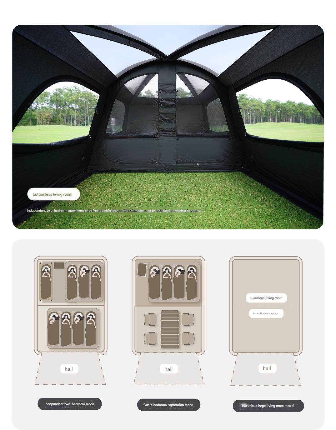 Vidalido POON SAAN PRO 8-10 Person Banshan Villa XL Cabin Black Camping Tent 15m² Interior Space 2 Bedroom Waterproof Titanium Silver Coated