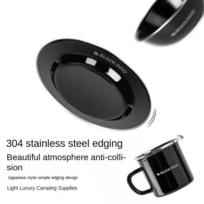 BLACKDOG Premium Black Enamel Coated Tableware Portable Lightweight Cup Dish Plate Bowl Dinnerware Mug Glass Glazed Glossy Finish Elegant Utensil Kitchen Picnic Tools Equipment Camping Outdoor Hiking Original Black Dog