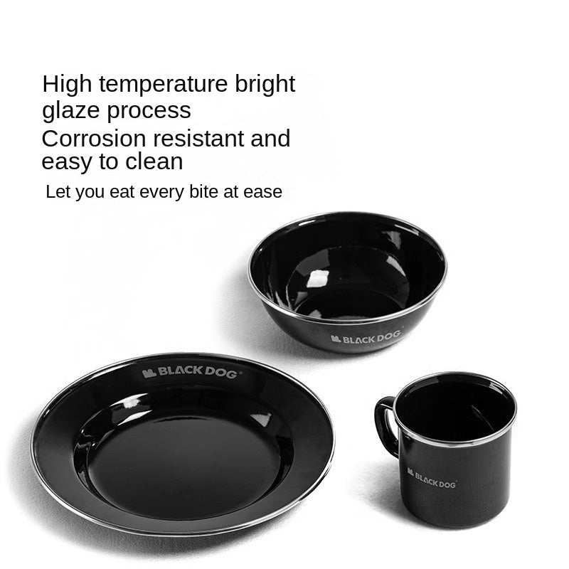 BLACKDOG Premium Black Enamel Coated Tableware Portable Lightweight Cup Dish Plate Bowl Dinnerware Mug Glass Glazed Glossy Finish Elegant Utensil Kitchen Picnic Tools Equipment Camping Outdoor Hiking Original Black Dog