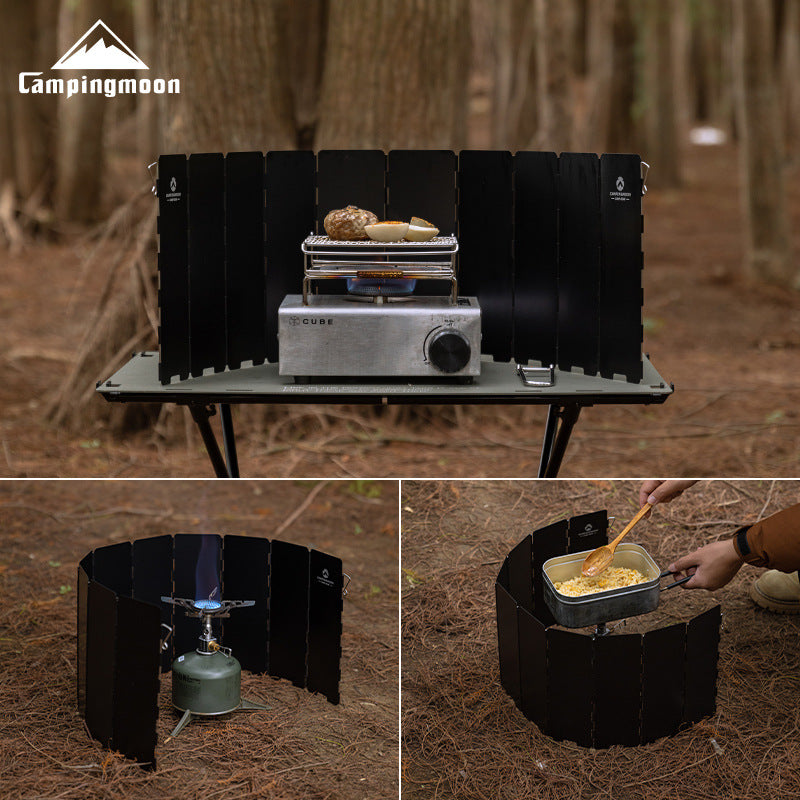 Campingmoon Aluminum Alloy Furnance Windshield Portable Lightweight Black Foldable Stove Head Stove Wind Shutter Wind Deflector Windproof Cover Camping