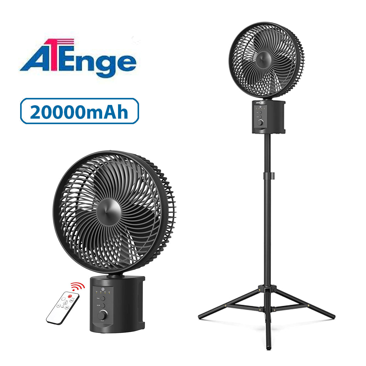 OPOLAR | ATEnge Oscillating Rechargeable Fan w/Remote Super Strong 7 Speeds 2 in 1 Unique Design 20000mAh (2*10000mAh) 10 Inch Cordless Battery Operated Fan