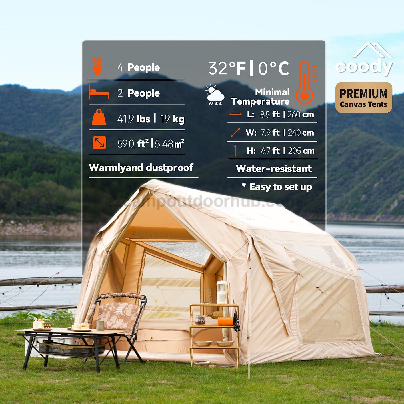 Coody YUSTONA Air Inflatable Tent Portable 2-4 Persons Quick Automatic Opening 4 Season Modern Tech Cotton Inflatable Tent Waterproof Outdoor Camping