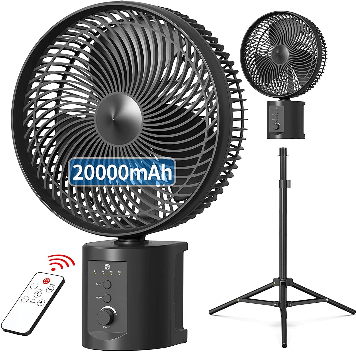 ROCCIA Oscillating Rechargeable Fan w/Remote Super Strong 7 Speeds 2 in 1 Unique Design 20000mAh (2*10000mAh) 10 Inch Cordless Battery-Operated Fan Opolar