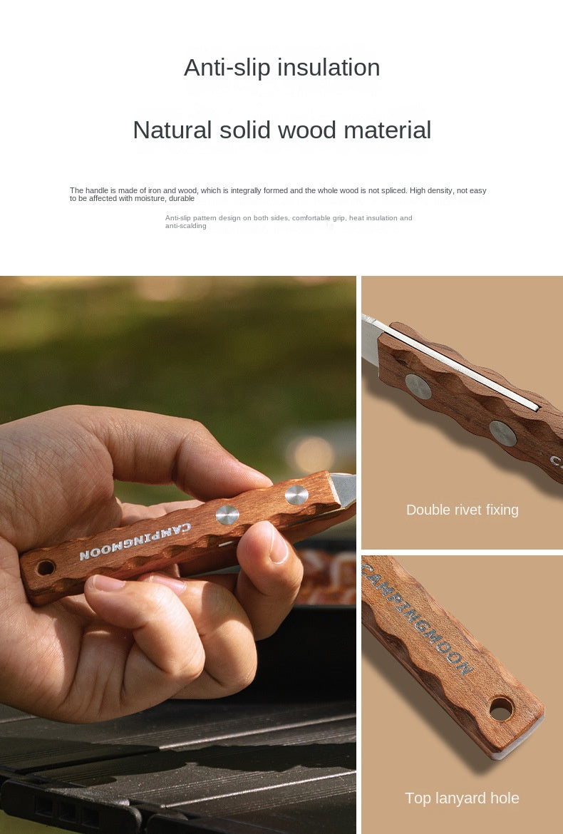 Campingmoon CS-23 Fork Spoon Two Piece Set Outdoor Portable Stainless Steel Solid Wood Handle Tableware Fork Spoon Wooden Handle Hanging Design