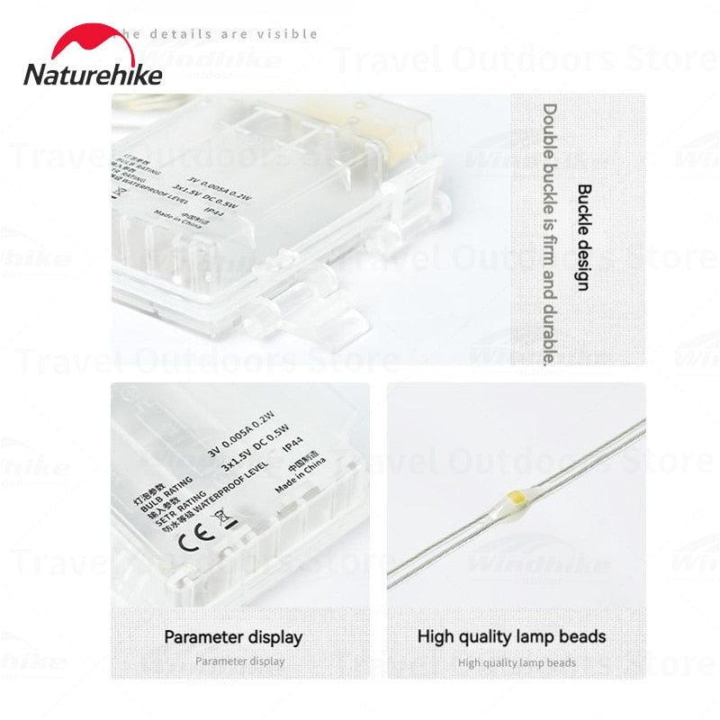 Naturehike String LED Lights 100 Mini Lamp Beads in 10m Wire Length 3 AA Battery IP44 Waterproof Outdoor Camping Atmosphere Ambient Lighting Strip Lantern with 8 Light Modes Control Nature Hike