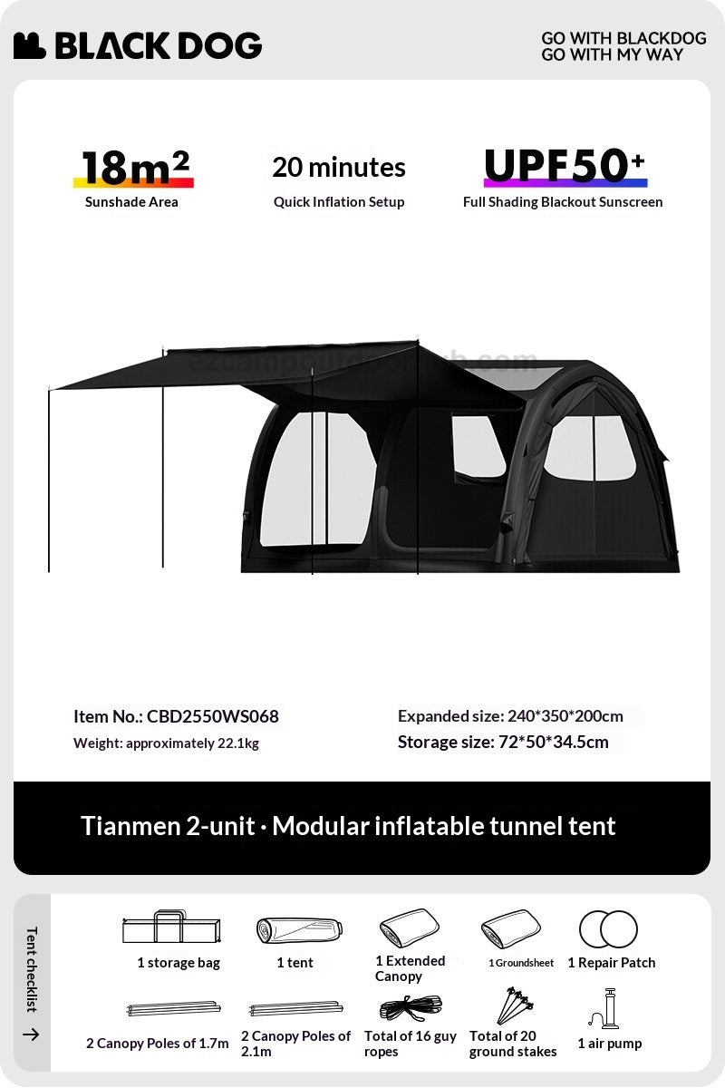 Blackdog DARKLINE AIR Inflatable Modular Tunnel Type Tent Fast Build Interconnected 30m² Shading Area High Ceiling Waterproof PU3000 Black Vinyl Coated Sunscreen
