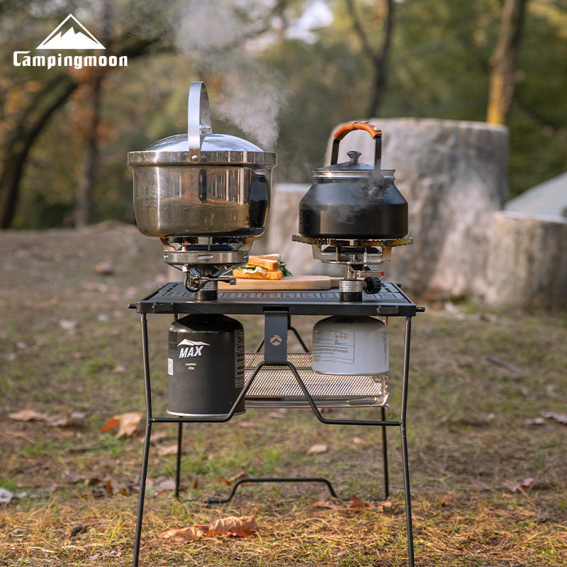Campingmoon BKZ06 Dual Stove Bracket Mount IGT Compatible Black Double Threaded Butane Gas Canister Burner Half Unit Integrated Grill Table Plate