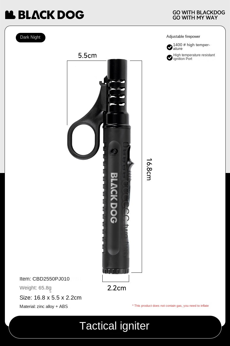 Blackdog TACTICAL Torch Igniter Electronic Lighter Direct High Temperature Spray Gun Burner Outdoor Camping Cooking Barbecue Windproof