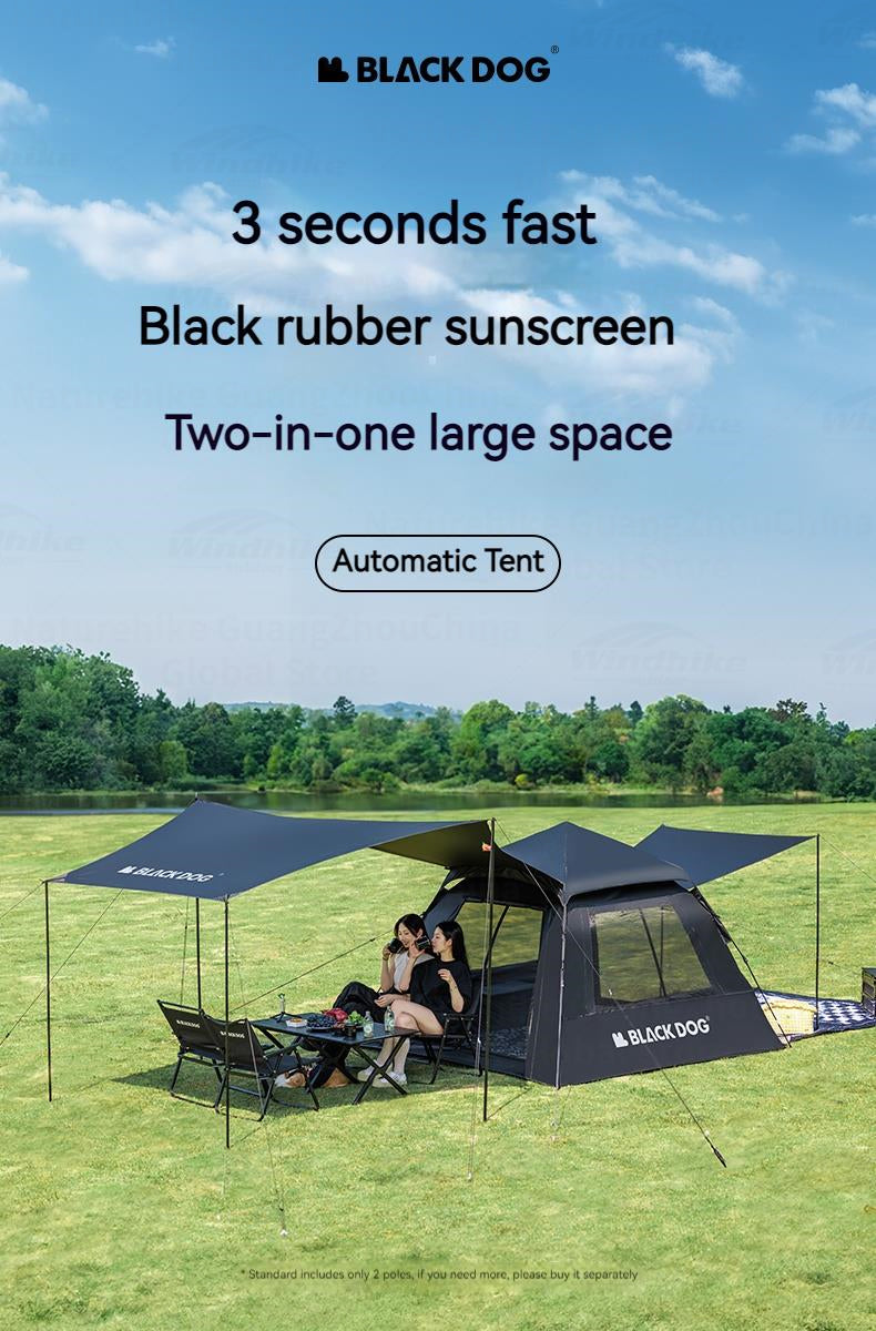 BLACKDOG BLACK Automatic Tent Outdoor Camping 3-4 Persons Portable Dome Tent Quick Opening Black Coating Vinyl Sunproof Waterproof Large Space Tent