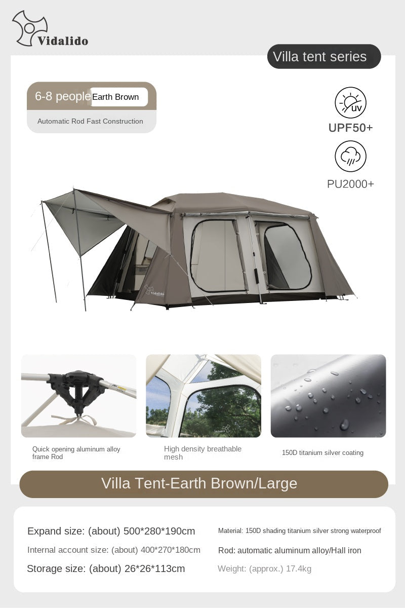Vidalido VICORE Series Automatic Tent Villa Cabin Style for up to 4-8 Person Small Large Interior Space up to 11m² Waterproof Fast Build 2 Bedroom 2 Layer Black White Black Vinyl Glue Coated Tent