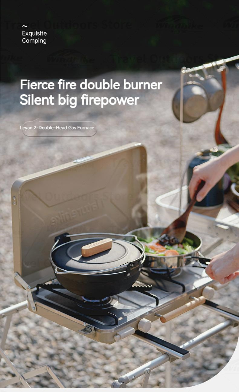 Naturehike LEYAN Double Head Portable Stove Outdoor Camping Kitchen 2 Burner Dual Ignition Butane Gas Burner Windshield Stand 2.5kw Firepower Furnace