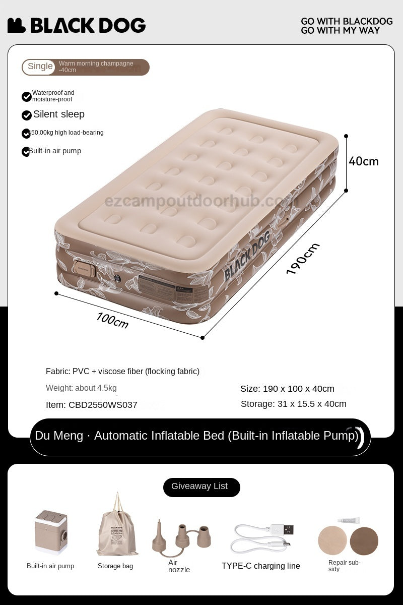 Blackdog CLOUD NEST Automatic Air Inflatable Bed Sleeping Pad 1-2 Persons Camping Home Use Single Queen Size Mattress Built-in Electric USB Charging Air Pump Lamp