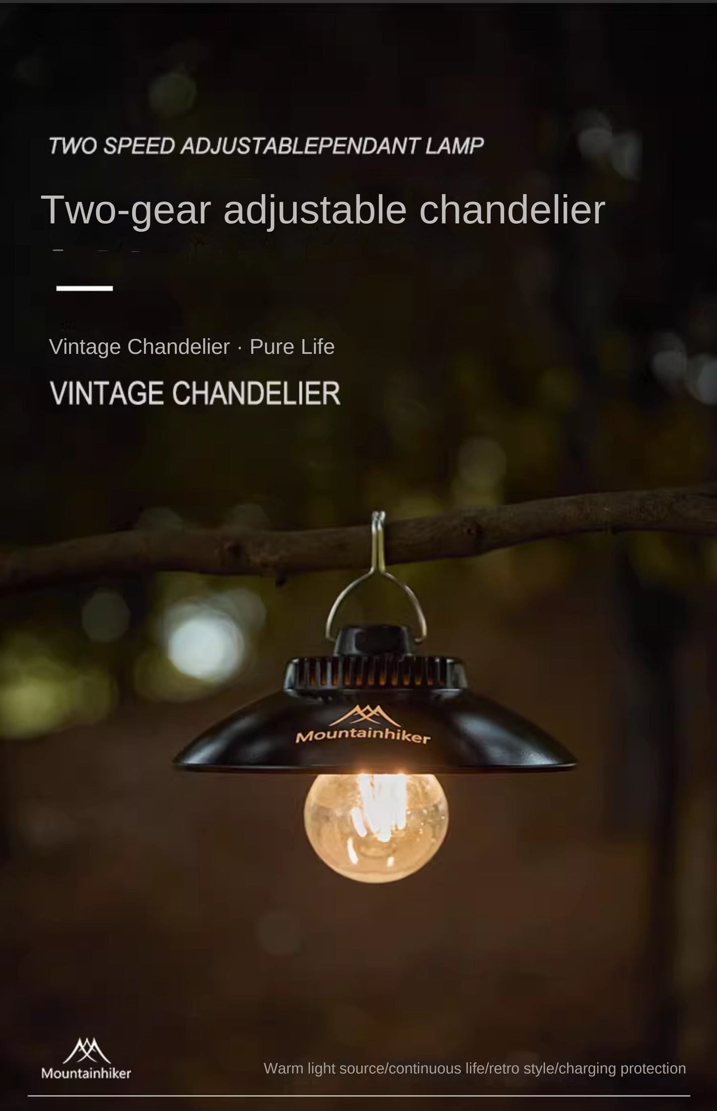 Mountainhiker Vintage Chandelier Hanging Pendant Atmosphere Style Lamp Adjustable 2 Level LED Lantern 2000mAh 180Lm Outdoor Camping Waterproof USB Charging