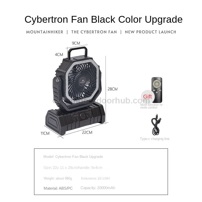 Mountainhiker Cybertron Fan v3 Portable Multipurpose Oscillating Fan Outdoor Camping 20000mAh Battery USB C Charging With Lamp Light Rugged With Wireless Remote Charging About 4-6 Hours ABS PC