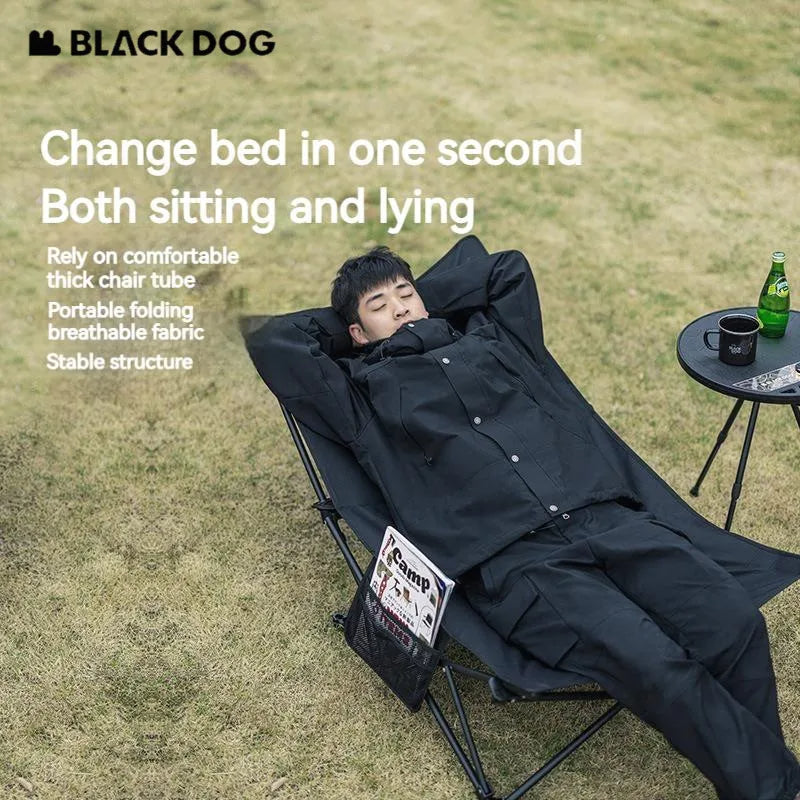 BLACKDOG Black Foldable Camping Lounger Portable Leisure Chair and Bed 2 in 1 Reclining Removable Headrest Pillow Folding Office Balcony Chair
