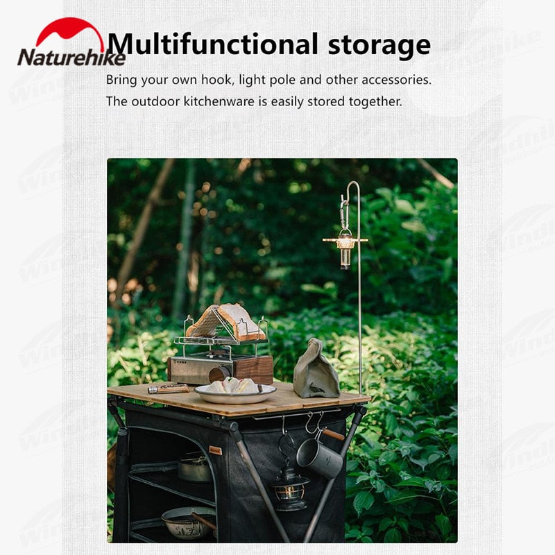 Naturehike Portable Kitchen Table Multi-layer Storage Rack Cookware Utensil Shelf Folding BBQ Working Table Shelves Fast Drying With Lamp Pole Post