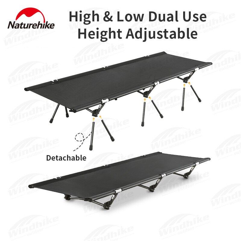 Naturehike Outdoor Folding Camp Bed Portable Black Foldable Cot Bed Aluminum Easy Assemble High and Low Camping 150kg Max Load Heavy Duty Nature Hike