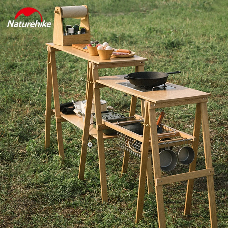 Naturehike Outdoor Kitchen Rack Cooking Table Foldable Countertop BBQ Folding Shelf Table Cooking Worktop Dual-Use Widen Tabletop With Slot Picnic Storage Desk