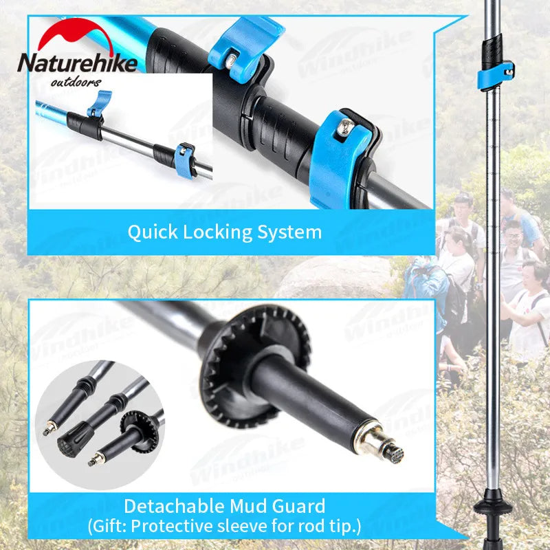 Naturehike ST01 v2 Aluminum Alloy Hiking Trekking Pole Rubber Tip Ultralight Heavy Duty Walking Trek Stick Telescopic Retractable Rod Upgraded