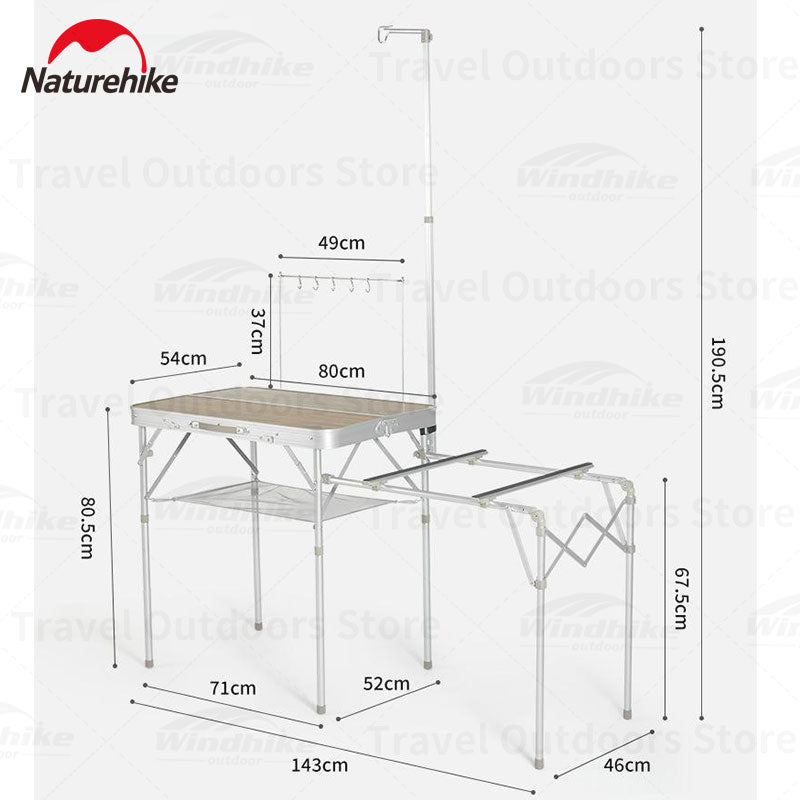 Naturehike MDF Kitchen Working Table Portable Suitcase Storage Design Folding Mobile Kitchen Aluminum Alloy Bracket 50kg Max Load with Lamp Pole