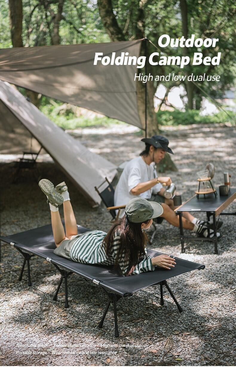 Naturehike Outdoor Folding Camp Bed Portable Black Foldable Cot Bed Aluminum Easy Assemble High and Low Camping 150kg Max Load Heavy Duty Nature Hike