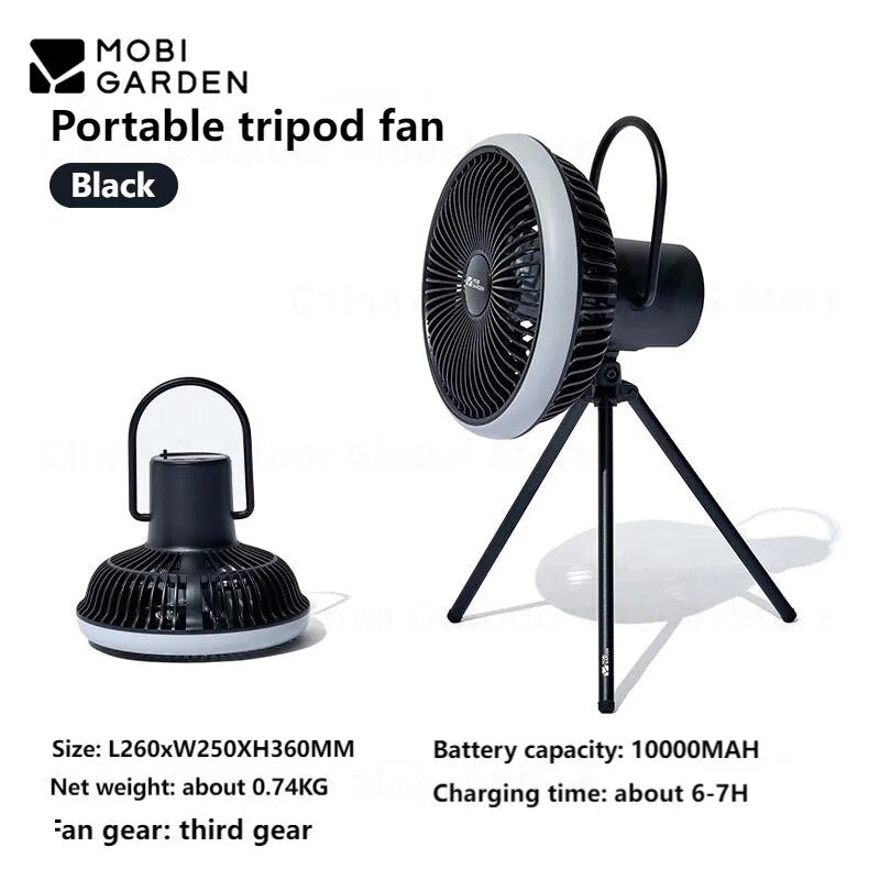 Mobi Garden BREEZE Portable Fan F2 Tripod Hanging Eletric Fan LED Lamp 10000mAh Battery Capacity up to 28H USB C Charging Desk Fan Rechargeable