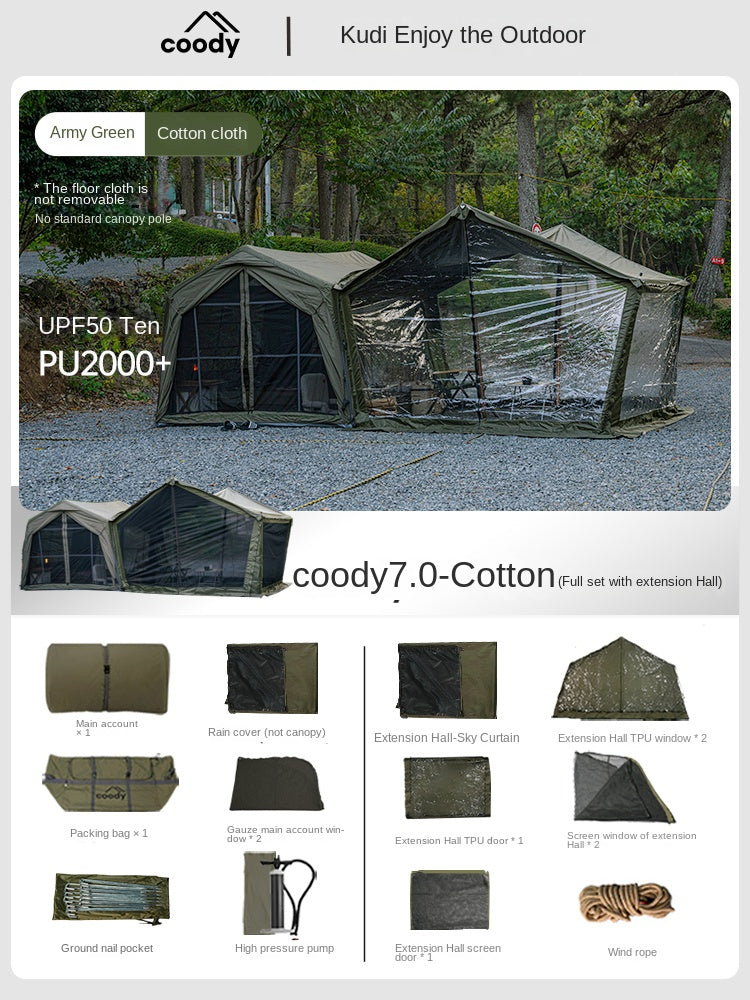 Coody Air Tent WAVE 7.0 4-6 Person Air Inflatable Tent 210D Blended Cotton PVC Air Pole Black Vinyl Coated Sunscreen Waterproof Extended Canopy GEMINI STAR
