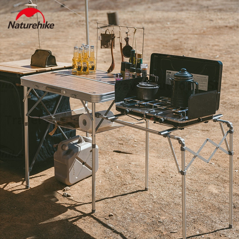 Naturehike MDF Kitchen Working Table Portable Suitcase Storage Design Folding Mobile Kitchen Aluminum Alloy Bracket 50kg Max Load with Lamp Pole