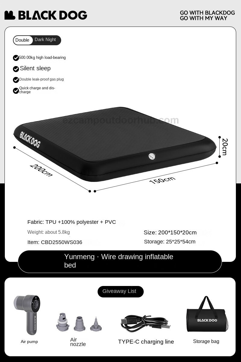 Blackdog DREAM CLOUD Air Inflatable Bed Premium Brushed Thick Black Ultra Comfortable Soft Outdoor Sleeping Pad Mattress USB Charging Air Pump