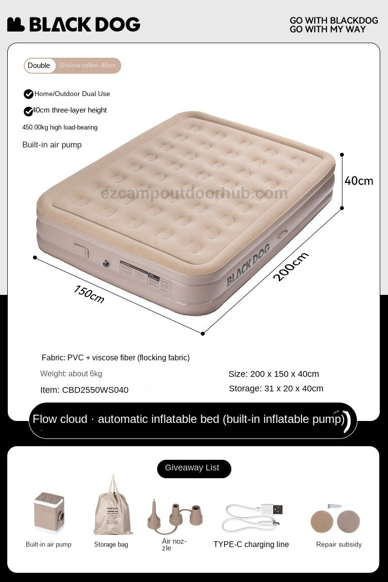 Blackdog CLOUD NEST Automatic Air Inflatable Bed Sleeping Pad 1-2 Persons Camping Home Use Single Queen Size Mattress Built-in Electric USB Charging Air Pump Lamp