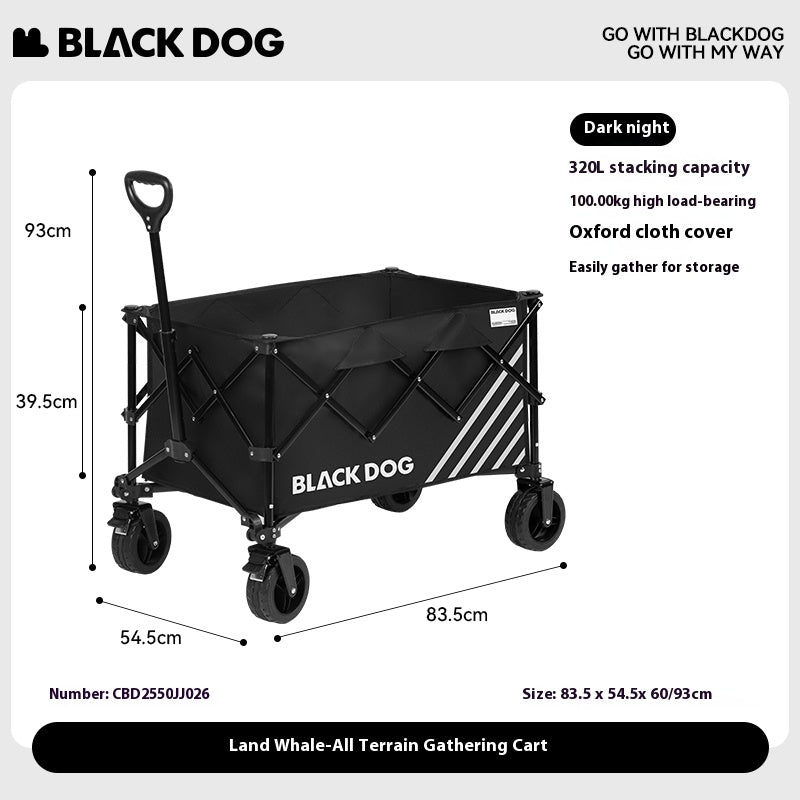 BLACKDOG LAND WHALE Camping Cart Portable Foldable Multipurpose Hand Pull Black Wagon All Terrain Gathering Storage Cart 320L Large Capacity Detachable Wheel