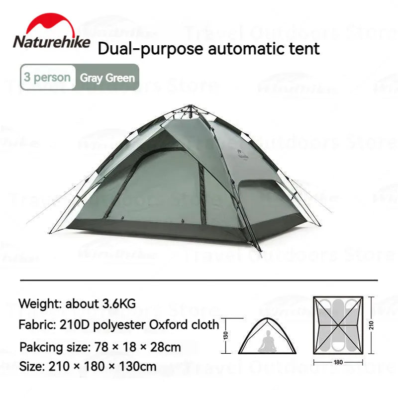 Naturehike Automatic Pop Up Camping Tent Fast Quick Build 3 and 4 Person Dome Style 210D Polyester Waterproof 3000mm Instant Auto Outdoor Shelter Nature Hike Original Heavy Duty