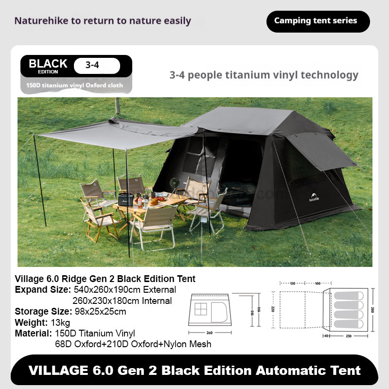 Naturehike VILLAGE 6.0 Black Edition Ridge Tent 2-4 Person Cabin Style Automatic Tent 2026 Gen 2 Spacious Space 210D Oxford Cloth Outdoor VILLAGE 6
